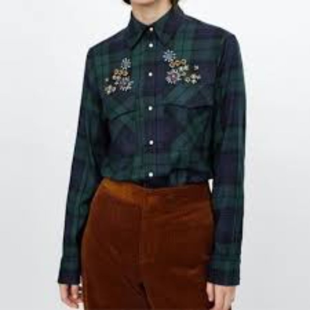 Zara Green Buffalo Plaid Rhinestone Button Down Top EUC sz XS